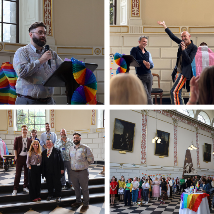 Gallery of four images from the Provosts Pride Celebration in the Public Theatre. The top two images feature Joel McKeever, and Enda McGrattan making their speeches. Enda is smiling with his hand in the air while Dr Robbie Lawlor smiles beside him. The bottom images feature a group shot of the Trinity LGBTIQ+ Staff Network committee, and a wide shot of the audience in the Public Theatre.