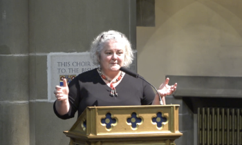 Siobhán Garrigan at the lectern giving a book talk