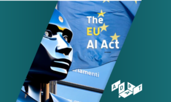 Image showing a robot with EU AI Act on a flag in the background