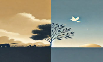 Two landscapes side by side with a tank and a dove of peace