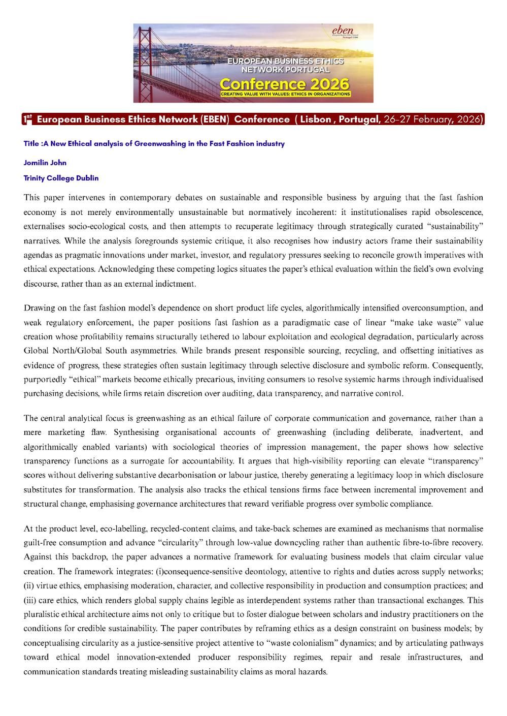 EBEN Conference Abstract - Jomilin John, Trinity College Dublin
