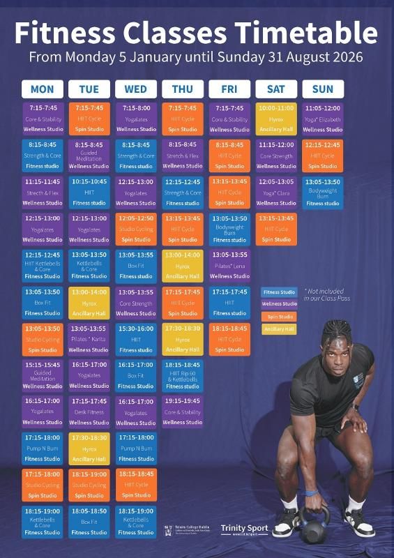 Fitness class timetable Jan to Aug 2026