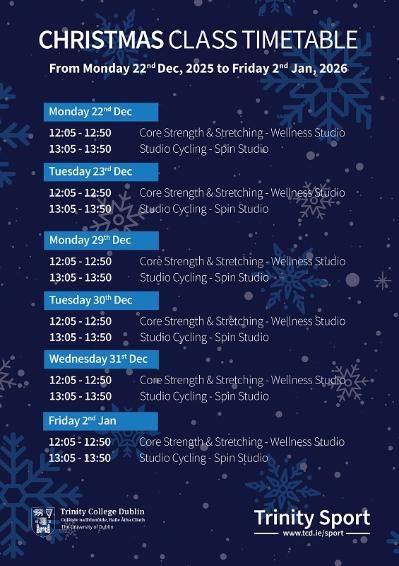 Christmas Fitness Timetable, Monday 22 December 2025 to Friday 2 January 2026
