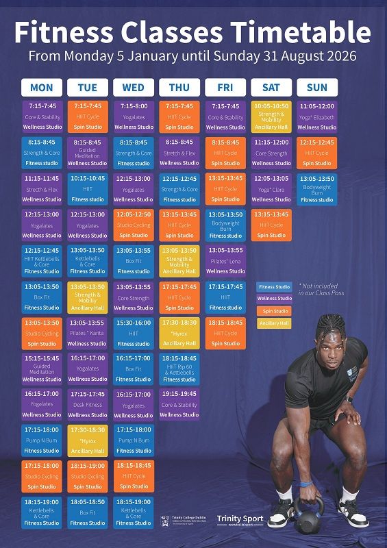Fitness class timetable Jan to Aug 2026