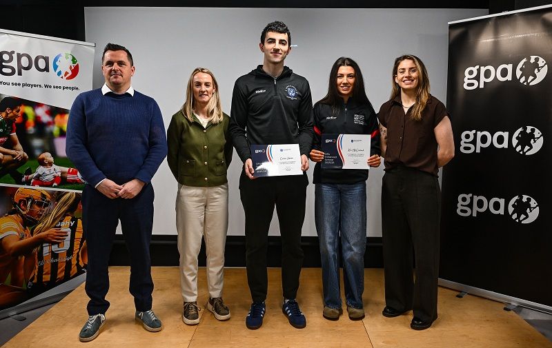Trinity Sport staff with GPA Enhanced sports scholars Ciarán Lennon and Keri McCormack together with  GPA national executive committee co-chair and Dublin camogie player Aisling Maher