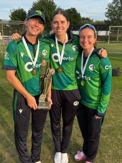 Orla Prendergast, Rebecca Stokell and Leah Paul T20 World Cup European Qualifier celebrate 2026 T20 World Cup European Qualifier