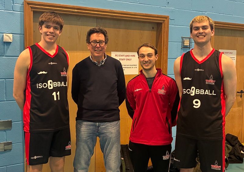 Basketball Manchester Away Weekend Jan&Feb 2026 alumnus Frank O’Flynn with men's basketball players and coach