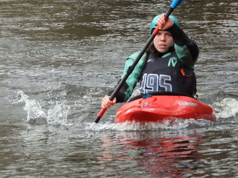 Kayaker in action on the River Liffey at the Irish Kayaking Intervarsities 2026. Credit: Karl Caulfield.