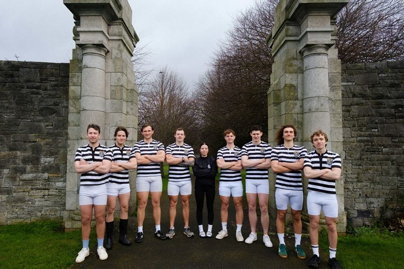 Rowing Colours 2026 Gannon Cup Senior Men's 8+ DUBC crew group photo in Islandbridge park