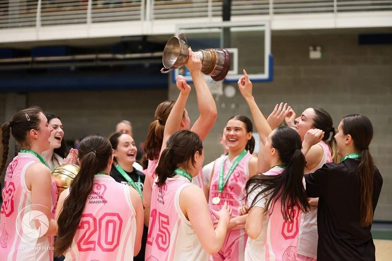 Trinity's women basketball team celebrate their third D1 varsity win, April 2026
