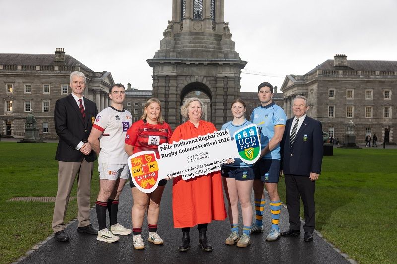 Trinity Rugby Colours Festival 2026 group photo with the Provost Dr Linda Doyle