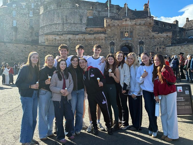 Trinity basketball at Edinburgh Invitational September 2025 informal group photo Edinburgh castle