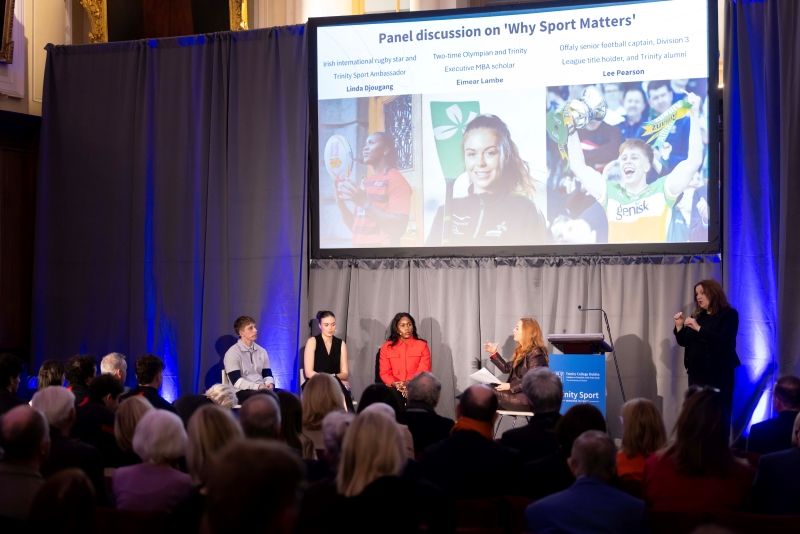 Trinity Sport Scholarship 2025-26 panel discussion on why sport matters with (l-r) Lee Pearson, Eimear Lambe and Linda Djougang