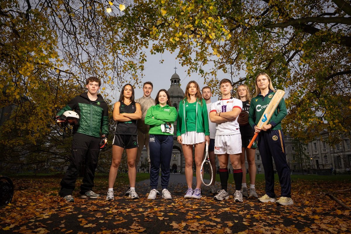Trinity Sport Scholarship 25-26 photoshoot in Front Square featuring left to right: Ethan Bouchard (Alpine skii), Hazel Finn (Basketball), William MacDonald Hughes (Fencing), Gemma Whelan (Deaf swimming), Sarah Hawkshaw (Tennis), Ryan O'Dwyer (GAA), Oscar Cawley (Rugby), Ava Learn (Basketball), and Georgina Dempsey (Cricket).