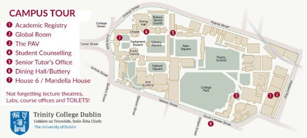 map of TCD main campus highlight key locations